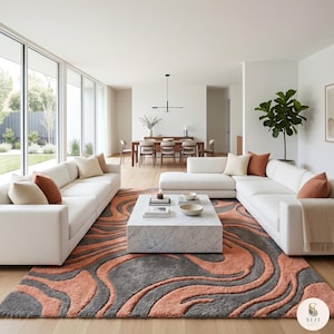 Grey and Peach Area Rug, Retro Swirl Pattern Carpet, Hand Tufted Sculpted Wool Rug, Topographic Wave Decor, Mid Century Modern Living Room