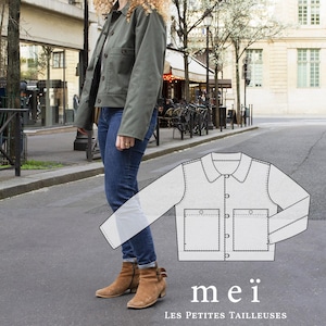 May include: An olive green jacket with two front pockets and button closures. The jacket is paired with blue jeans and brown boots. A pattern illustration of the jacket is shown. The text "mei LES PETITES TAILLEUSES" is at the bottom.