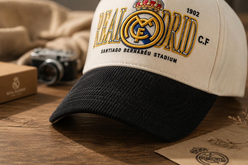Pu&ograve; includere: Cappellino da baseball color crema con visiera nera, con il logo e il testo del Real Madrid. Il cappellino presenta ricami dorati e blu, con le parole "REAL MADRID" e "SANTIAGO BERNABEU STADIUM". L'anno "1902" &egrave; anch'esso ricamato.