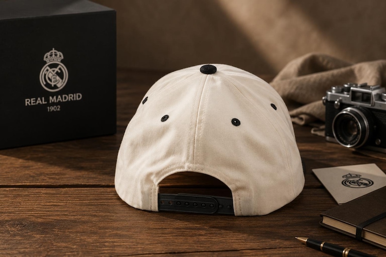 Pu&ograve; includere: Cappellino da baseball color crema con dettagli neri, tra cui un bottone e occhielli. Chiusura snapback. Una scatola nera con il logo e il testo del Real Madrid &egrave; visibile sullo sfondo.