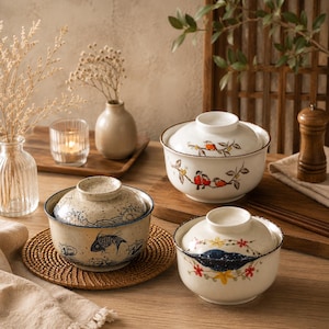 Japanese Ceramic Soup Bowl with Lid, Japandi Ramen Donburi Pottery, Bird Pattern Kitchen Decor