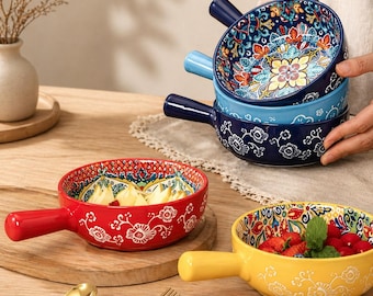 Bol de cerámica pintado a mano con asa, bol de sopa japonés con diseño floral, utensilios de cocina coloridos
