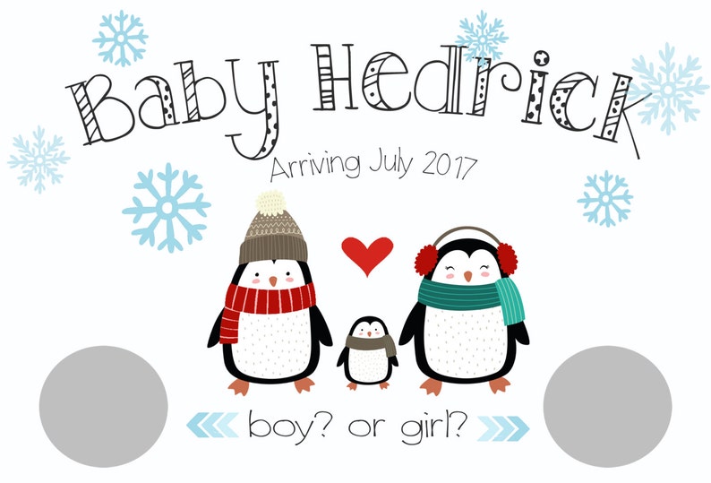 Winter Christmas Baby Gender Reveal Scratch Offs Penguins Christmas Gender Reveal Scratch-Off Cards