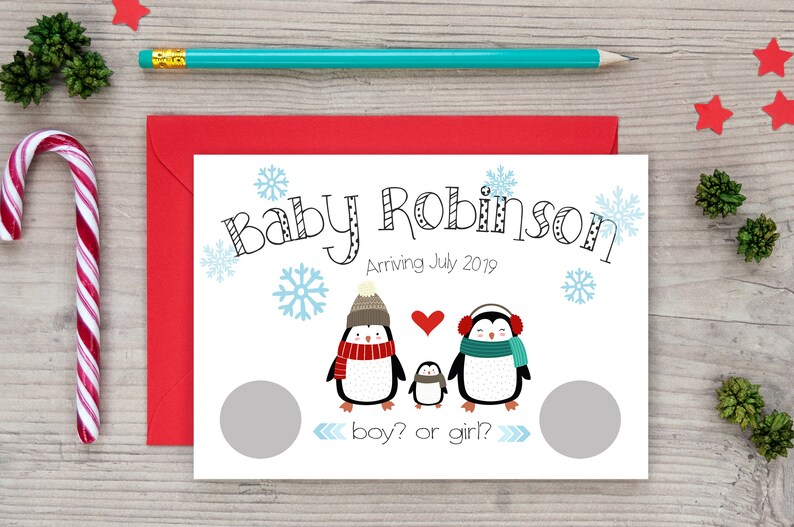 Winter Christmas Baby Gender Reveal Scratch Offs Penguins Christmas Gender Reveal Scratch-Off Cards