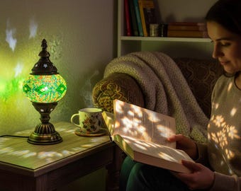 Turkish Mosaic Lamp | Green Glass Table Light | Bohemian Desk Accent