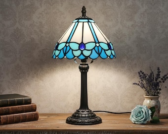 Tiffany Stained Glass Lamp | Blue Floral Shade | Vintage Accent Lighting