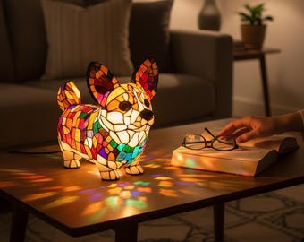 Lampada a forma di Corgi in vetro colorato / Lampada a forma di cane in stile Tiffany / Decorazione stravagante a tema animale