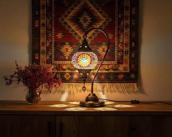 Turkish Mosaic Lamp | Stained Glass Table Light | Antique Bronze Desk Lamp