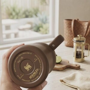 May include: A brown Stanley travel mug, held upside down, showing the base with the brand logo and text. The mug is 1.18L and dishwasher safe. The background includes a French press, cutting board, and a woven bag.
