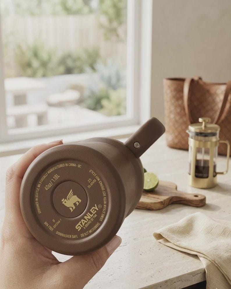 May include: A brown Stanley travel mug, held upside down, showing the base with the brand logo and text. The mug is 1.18L and dishwasher safe. The background includes a French press, cutting board, and a woven bag.