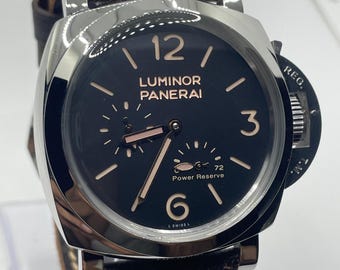 Reloj de pulsera analógico Panerai Luminor automático vintage con esfera negra y reserva de marcha para hombre.