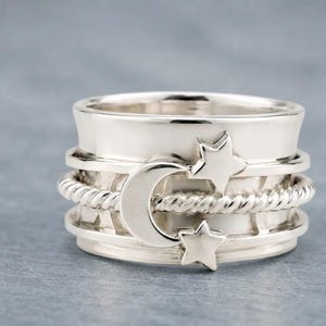 Sterling Silver Spinner Ring, Moon Star Fidget Jewelry, Boho Meditation Ring