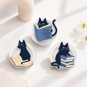 Reading Cat Phone Grip, Black Kitty Book Lover Grip, Magnetic Phone Holder, Reader Gift