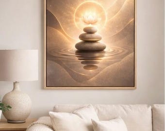 Decoración de pared estilo zen, minimalista en tonos beige y dorado, estilo spa escandinavo (descarga digital).