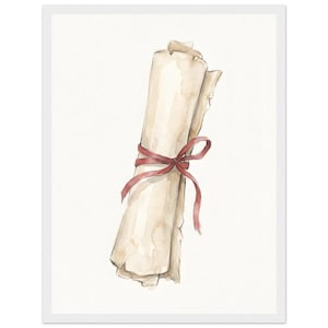 Könnte beinhalten: Aquarellillustration einer gerollten Pergamentrolle, gebunden mit einem roten Band. Das Papier hat ein Vintage-Aussehen mit einem hellbraunen Farbton und sichtbarer Textur. Das Band ist tiefrot und bildet einen Kontrast zu den neutralen Tönen des Papiers.