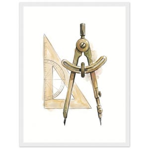 Könnte beinhalten: Eine Aquarellillustration eines metallischen Zirkels und eines dreieckigen Geodreiecks. Der Zirkel verfügt über ein zentrales Einstellrad und zwei spitze Schenkel. Das Geodreieck ist hinter dem Zirkel positioniert und zeigt Gradmarkierungen.