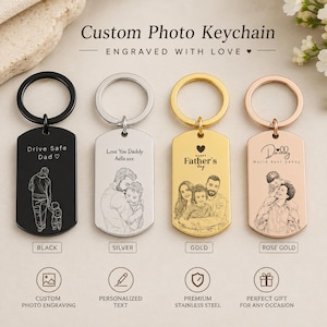 May include: Four rectangular metal keychains in black, silver, gold, and rose gold finishes. Each features a circular ring and custom laser-engraved line art of people with text including "Drive Safe Dad", "Love You Daddy", "Happy Father's Day", and "Daddy".