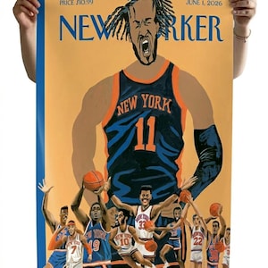 Puede incluir: Un p&oacute;ster titulado NEW YORKER con fecha del 1 de junio de 2026, que presenta una gran ilustraci&oacute;n de un jugador de baloncesto con una camiseta azul y naranja con el n&uacute;mero 11, rodeado de varios jugadores m&aacute;s peque&ntilde;os con uniformes.