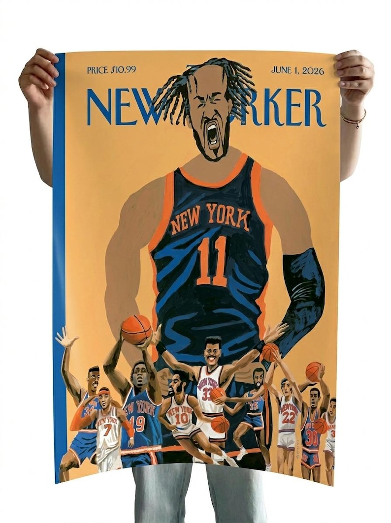 Puede incluir: Un p&oacute;ster titulado NEW YORKER con fecha del 1 de junio de 2026, que presenta una gran ilustraci&oacute;n de un jugador de baloncesto con una camiseta azul y naranja con el n&uacute;mero 11, rodeado de varios jugadores m&aacute;s peque&ntilde;os con uniformes.