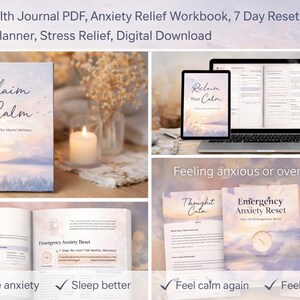 Può includere: Immagine di un prodotto digitale scaricabile, tra cui un diario e un quaderno di lavoro intitolato "Reclaim Your Calm". Un laptop e un tablet mostrano il contenuto del diario. Il testo include "Riduci l'ansia" e "Sentiti di nuovo calmo".