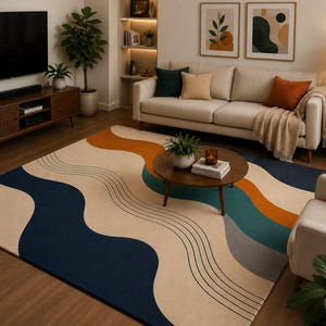 May include: A large area rug with a modern design. The rug features a beige background with flowing, abstract shapes in navy blue, orange, teal, and gray. Thin black lines add detail. The rug is in a living room setting with a sofa and coffee table.
