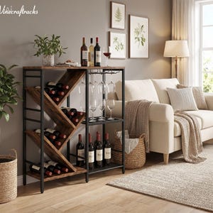 May include: A rustic wine rack with a black metal frame and wooden shelves. The rack holds wine bottles, glasses, and has a top shelf for displaying items. The room has a neutral color palette with a sofa, rug, and artwork.