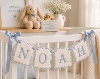 Guirnalda personalizada con el nombre del bebé – Guirnalda bordada a medida para la habitación del bebé, decoración para baby shower que se convertirá en una reliquia familiar.