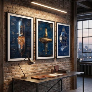 Peut inclure: Trois impressions d'art encadrées avec des dessins de style plan d'une sous-marin, d'un dirigeable et d'un casque de plongée. Les impressions sont affichées sur un mur de briques au-dessus d'un bureau avec une lampe et des cahiers.