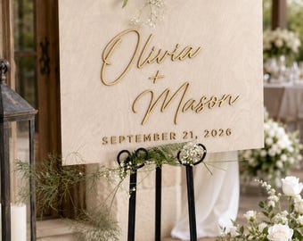 Letrero de bienvenida para boda, letrero de boda de madera dorada 3D personalizado, letrero minimalista para ceremonia, letrero de recepción moderno, letrero con nombre personalizado