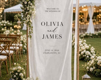 Letrero de bienvenida personalizado de lino para bodas: pancarta de tela personalizada para bodas, despedidas de soltera y eventos especiales.
