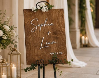 Letrero minimalista de bienvenida para bodas, letrero de madera 3D personalizado para bodas, letrero personalizado con los nombres de la pareja, señalización para la ceremonia de boda, tablero de nombres para bodas