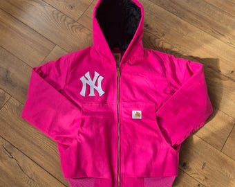 Carhartt NY New York Yankees herwerkt roze jack met capuchon voor heren en dames - vintage stijl geborduurd NY-logo Y2k Streetwear
