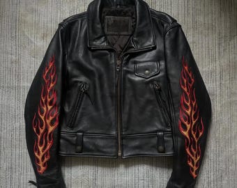 Vintage leren jack in Flame-motorfietsstijl uit de jaren 90