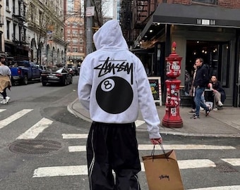 Stussy 8ball Unisex Pullover Hoodies Ash Grey And White color