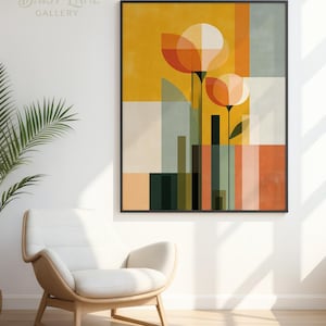 May include: Abstract floral art print in a black frame. The artwork features stylized orange and white flower shapes against a yellow and geometric background. The text "DAISY LANE GALLERY" is in the upper left corner.