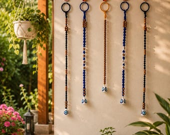 5 Macrame Ceramic Evil Eye Bells | Handmade Wall Hanging | Boho Home Decor | Entryway Decor | Housewarming Gift
