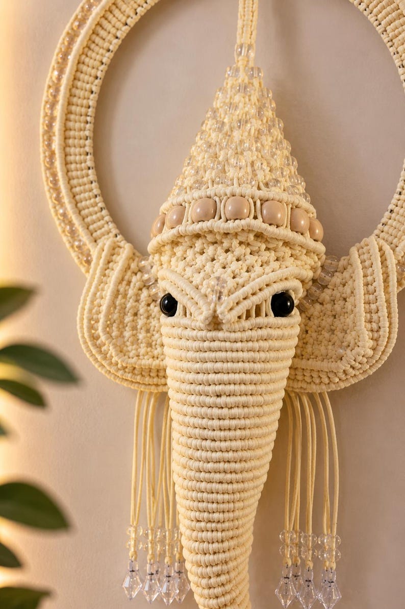 May include: A cream-colored macrame wall hanging shaped like an elephant head. The design features intricate knotted cord patterns, a circular frame, smooth round beads, and clear faceted crystal-like accents hanging from the ears and trunk.