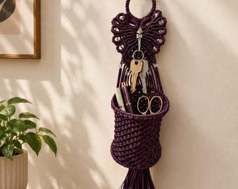 Handmade Macrame Key Holder & Mobile Organizer | Boho Burgundy Nylon Rope Basket