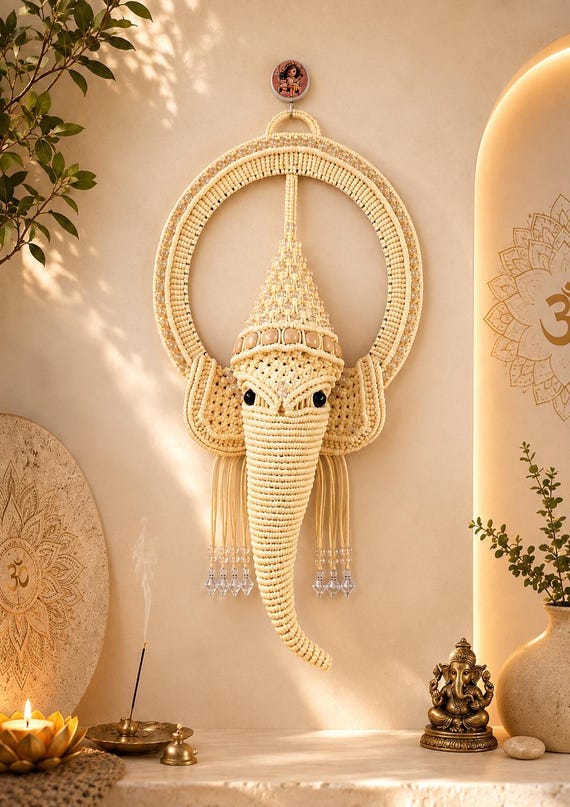 Handmade Ganesha Macrame Wall Hanging, Boho Spiritual Home Decor, Hindu Wall Art