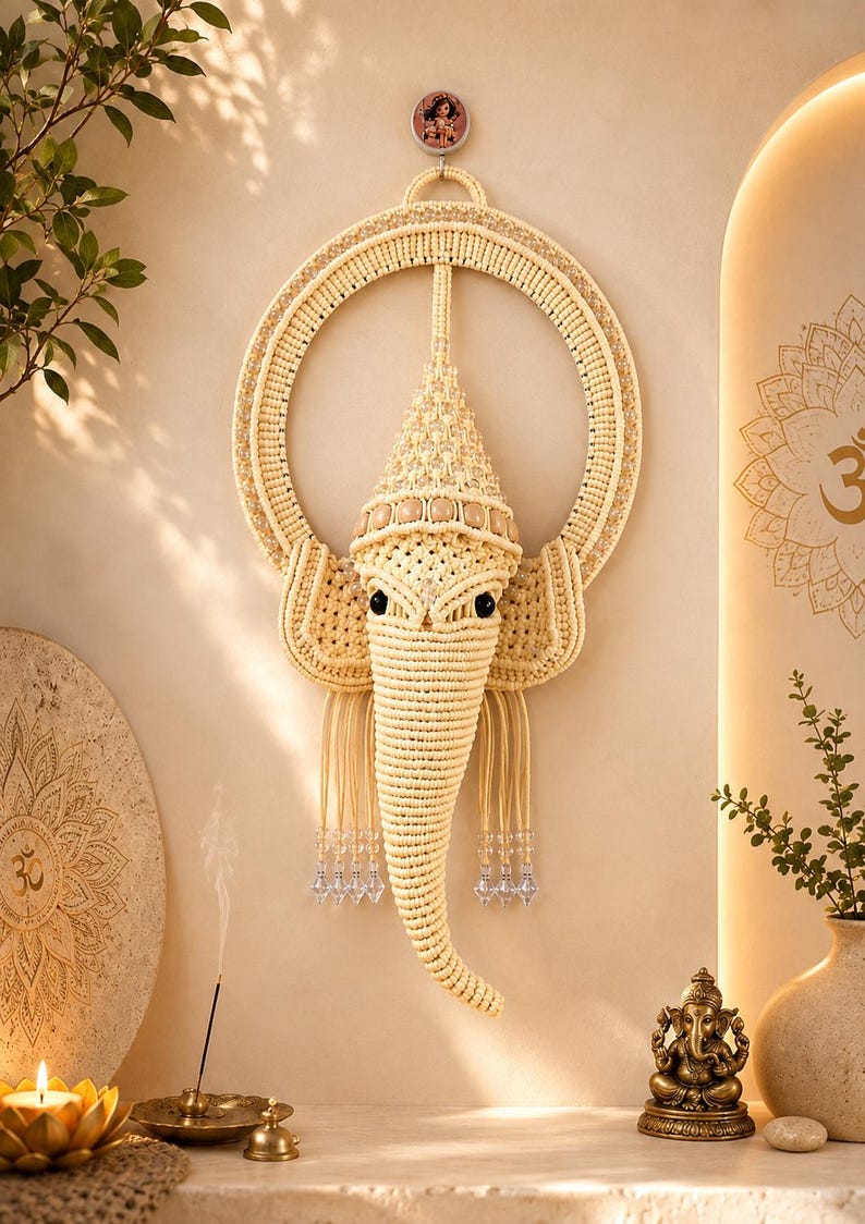 May include: A cream-colored macrame wall hanging shaped like the head of Ganesha, featuring a circular frame, intricate knotted patterns, a pointed crown, large ears, and a trunk. The design includes dangling clear crystal beads at the base.