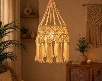 Lustre en macramé fait main | Abat-jour suspendu bohème | Décoration de plafond en corde de nylon | Cache-suspension rustique | Décoration intérieure bohème