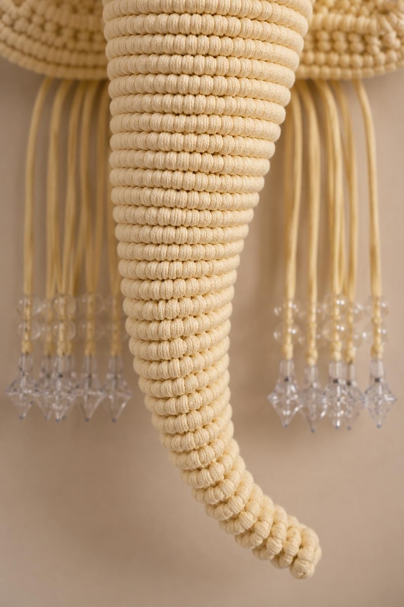 May include: A cream-colored macrame wall hanging shaped like an elephant head. The trunk is made of tightly knotted cord, and the sides feature long, dangling cords finished with clear, faceted, diamond-shaped acrylic beads at the ends.