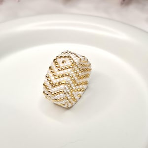 Mönster för Peyote-ring i vitt guld: Handledning för geometriskt Miyuki Delica-band, DIY-pyssel (PDF-nedladdning)