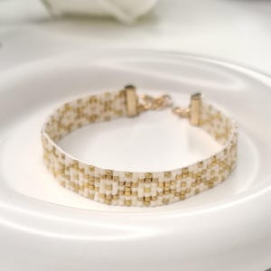 Beaded Beige Loom Bracelet Pattern PDF, Silk Gold Miyuki Delica Skinny Cuff Tutorial