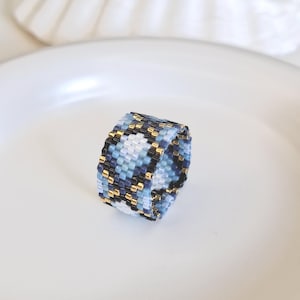 Navy Blue Geometric Peyote Ring Pattern, Wave Beading Tutorial (PDF Download)