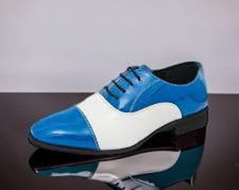 Men's Blue White Leather Oxford Dress Shoes, Polished Two-Tone Lace-Up Formal Footwear