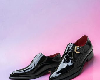 Men's Black Patent Leather Monk Strap Shoes – Handmade Formal Dress Shoes