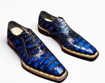 Scarpe Oxford in pelle blu fatte a mano: scarpe eleganti con cucitura Norwegian Welt