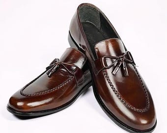 Handmade Brown Leather Tassel Loafers | Men's Slip-On Dress Shoes