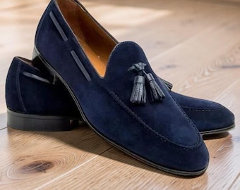 Handmade Navy Blue Suede Tassel Loafers Shoes